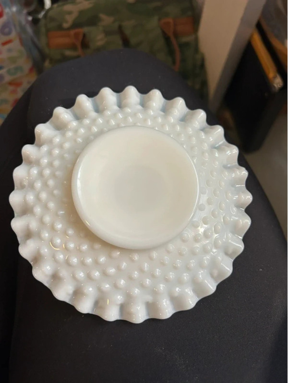 Fenton hobnail milk glass 6” ruffled plate